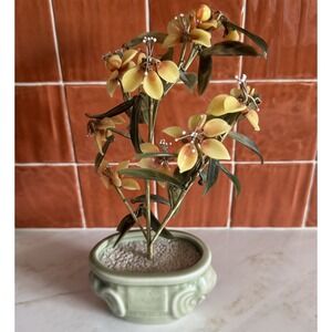 Vintage Chinese Jade Glass Leaves Yellow Orange Flowers Bonsai Tree Celadon 10"